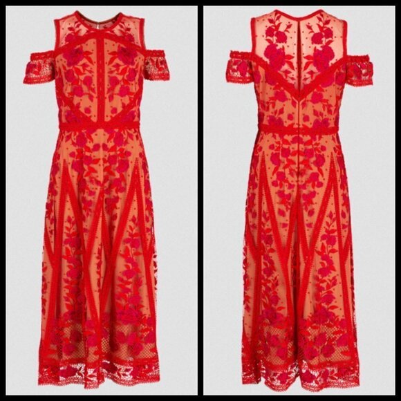 💕MARCHESA💕 Cold-Shoulder Guipure Lace-Trimmed Embroidered Tulle Midi Dress Red - Picture 7 of 16